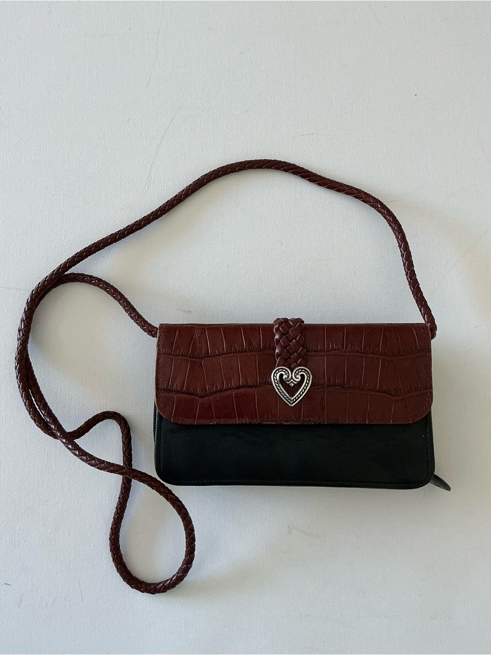 Brighton Black & Brown Leather Organizer Crossbody Wallet | Croc Embossed | Hear
